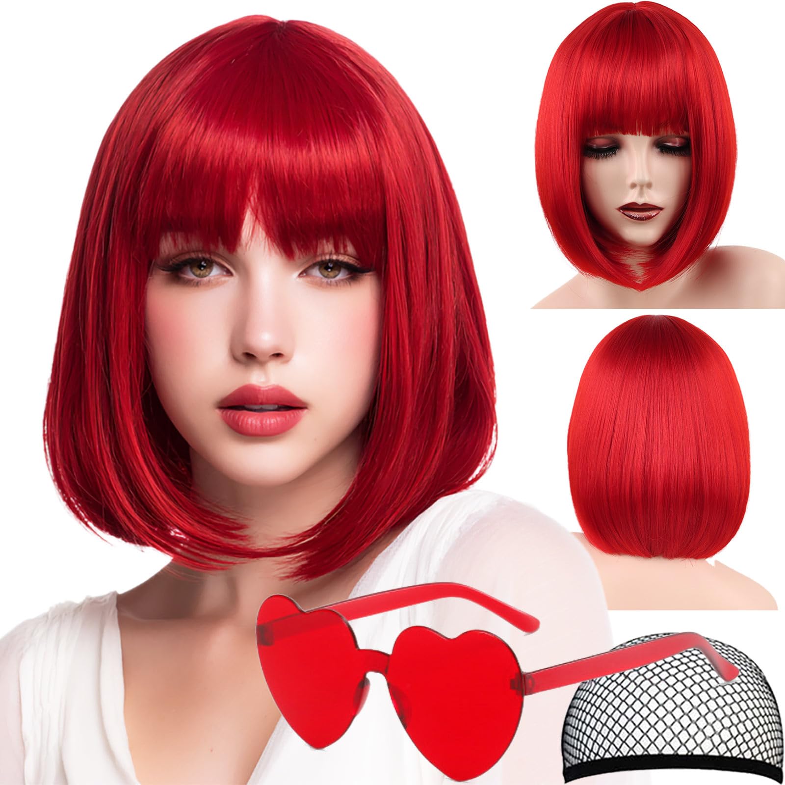 VCAY red bob wig front view showing bold color and neat bangs for instant style