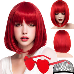 VCAY red bob wig front view showing bold color and neat bangs for instant style