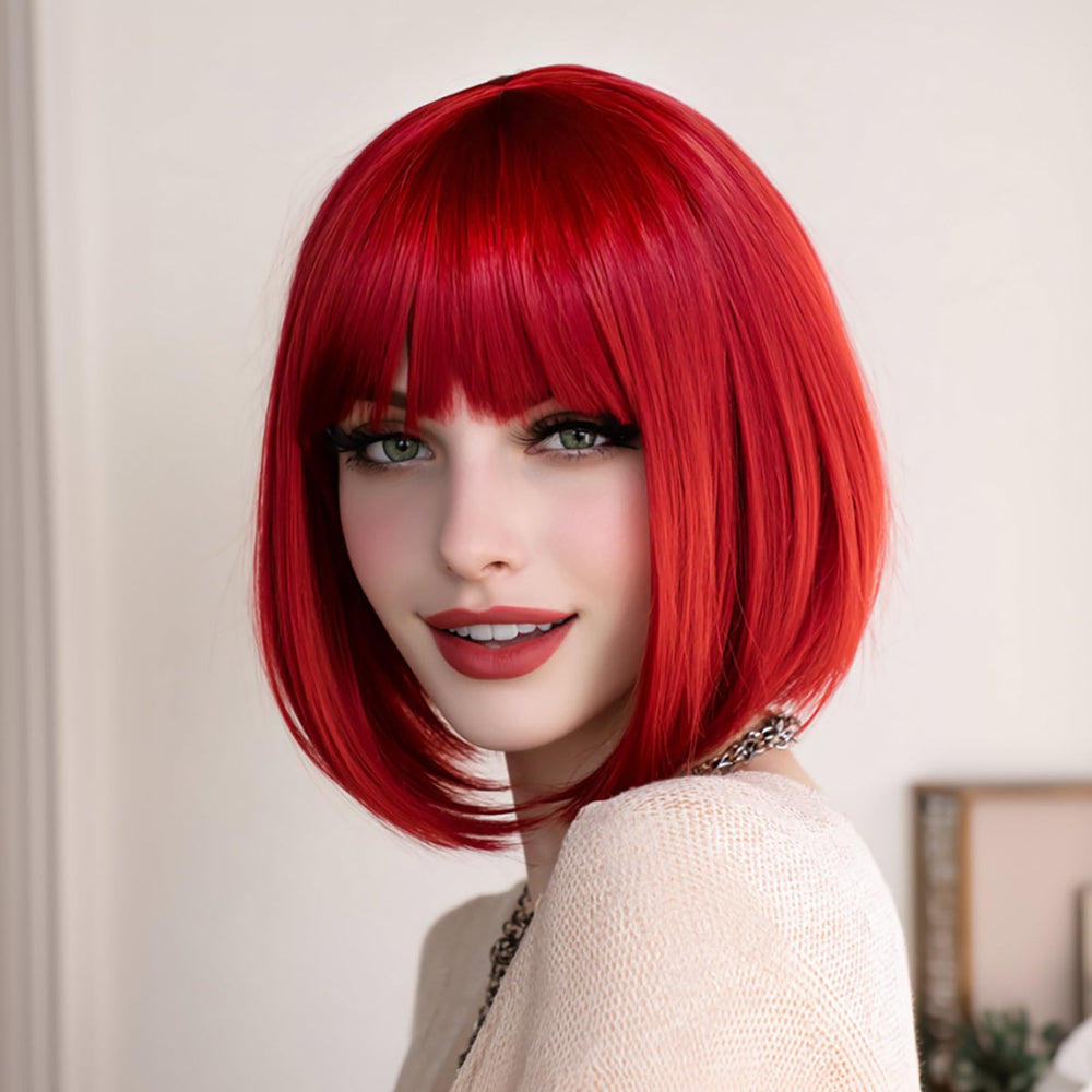 VCAY red bob wig side profile displaying straight 12 inch length and flattering silhouette