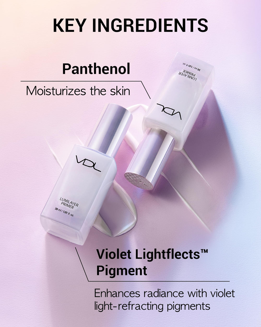 VDL Lumilayer primer held in hand to show compact 30ml scale and travel-friendly size