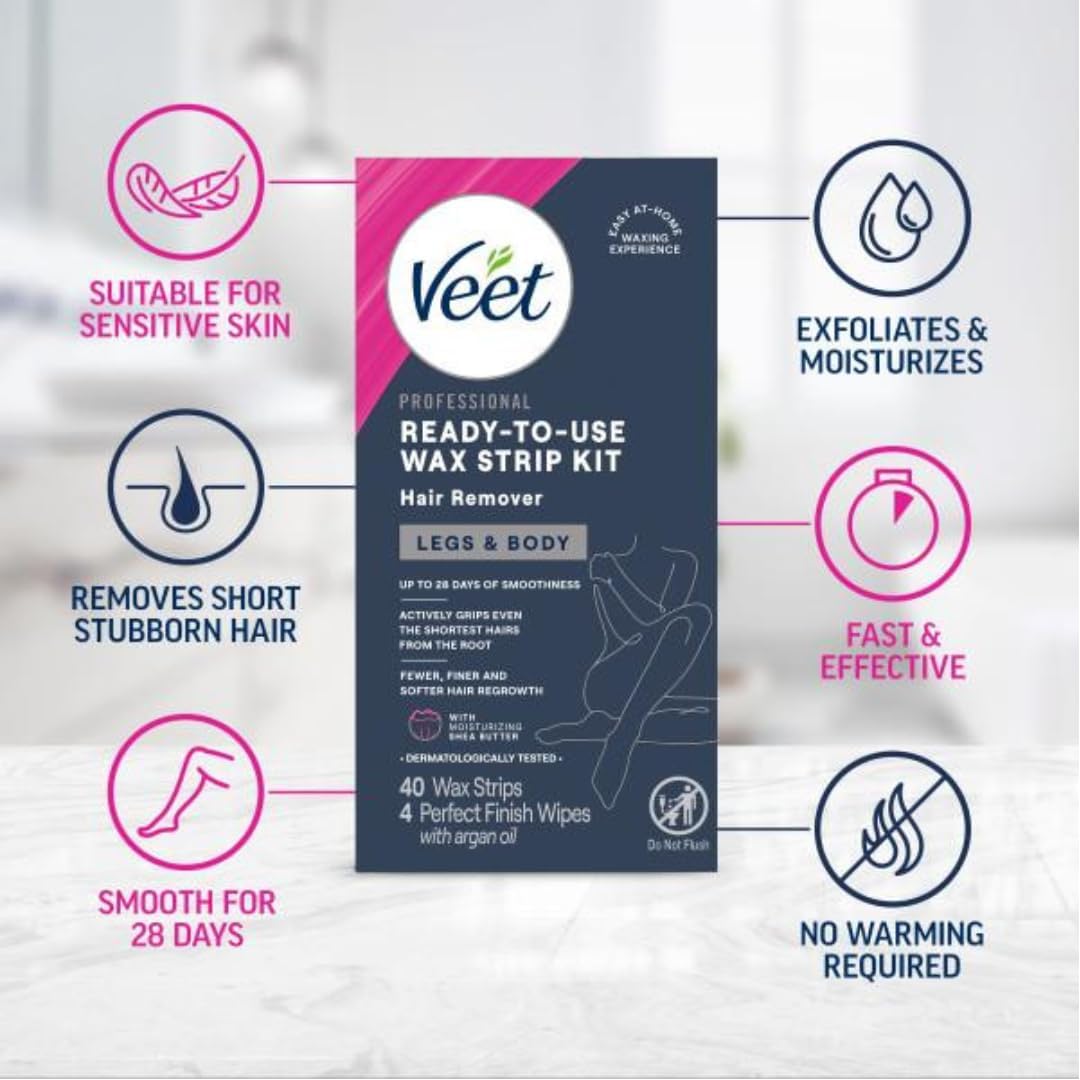Veet Perfect Finish Wipes and strips displaying post-wax cleanup benefit
