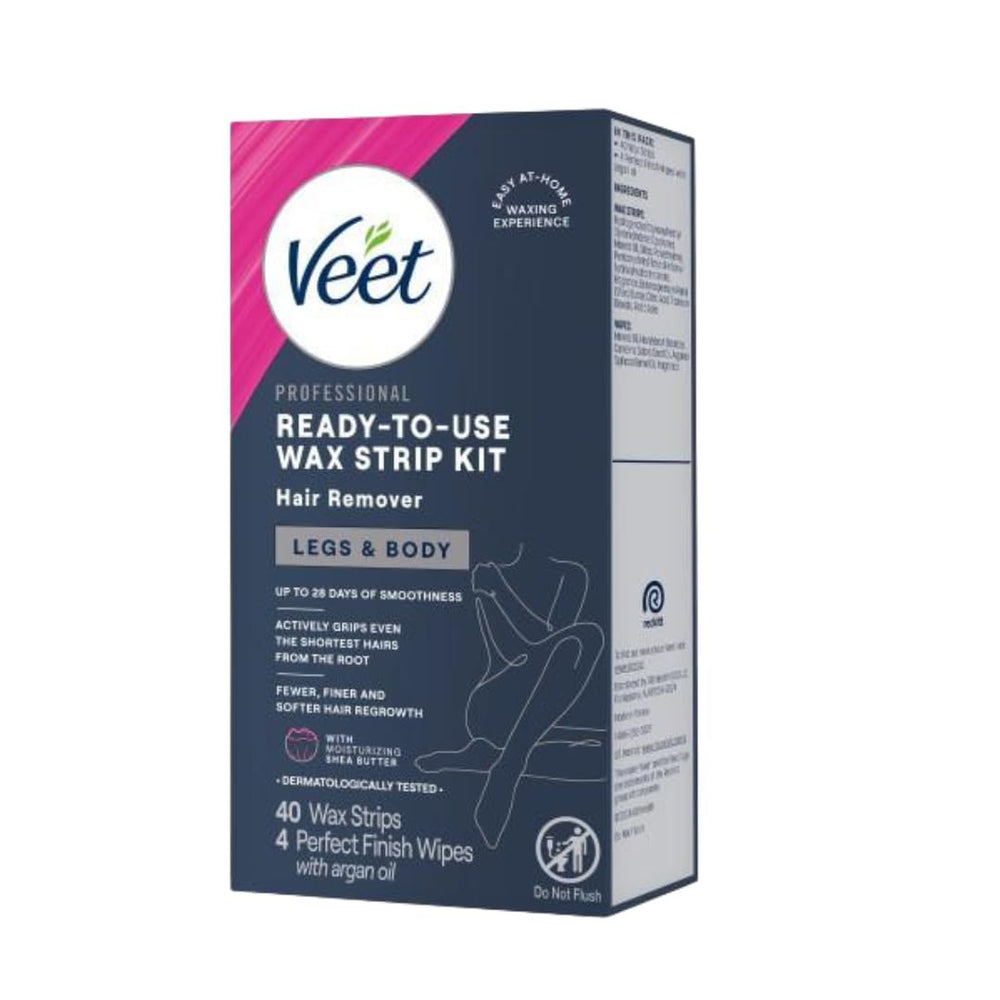 Veet strip next to hand for scale showing convenient size and coverage