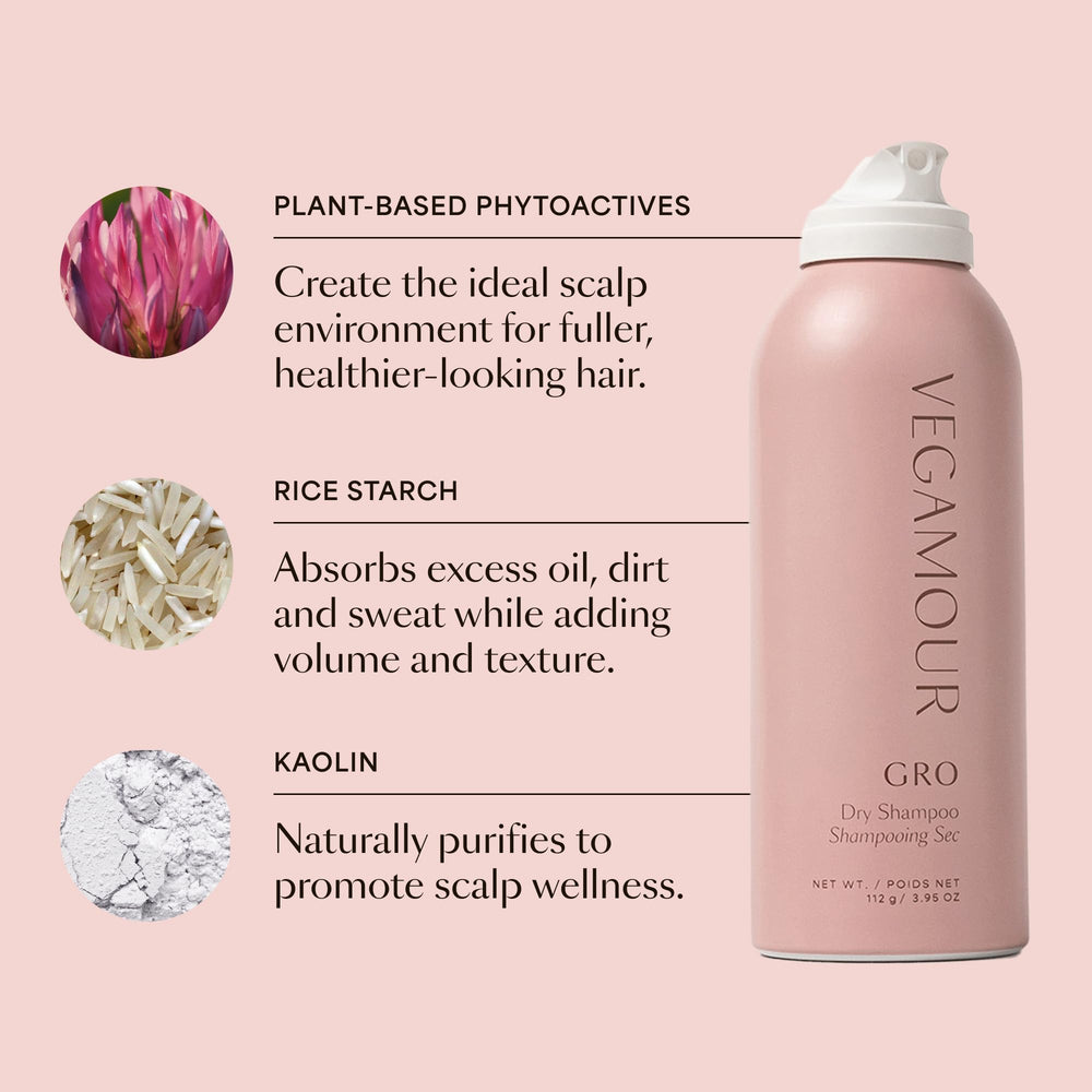 VEGAMOUR aerosol spray misting into roots showing instant refresh benefit oil control