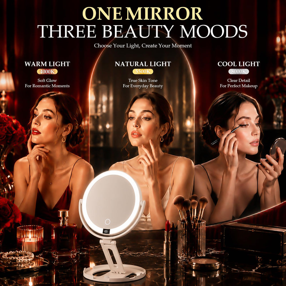 Velmelle 1x side on vanity showing full-face view benefit