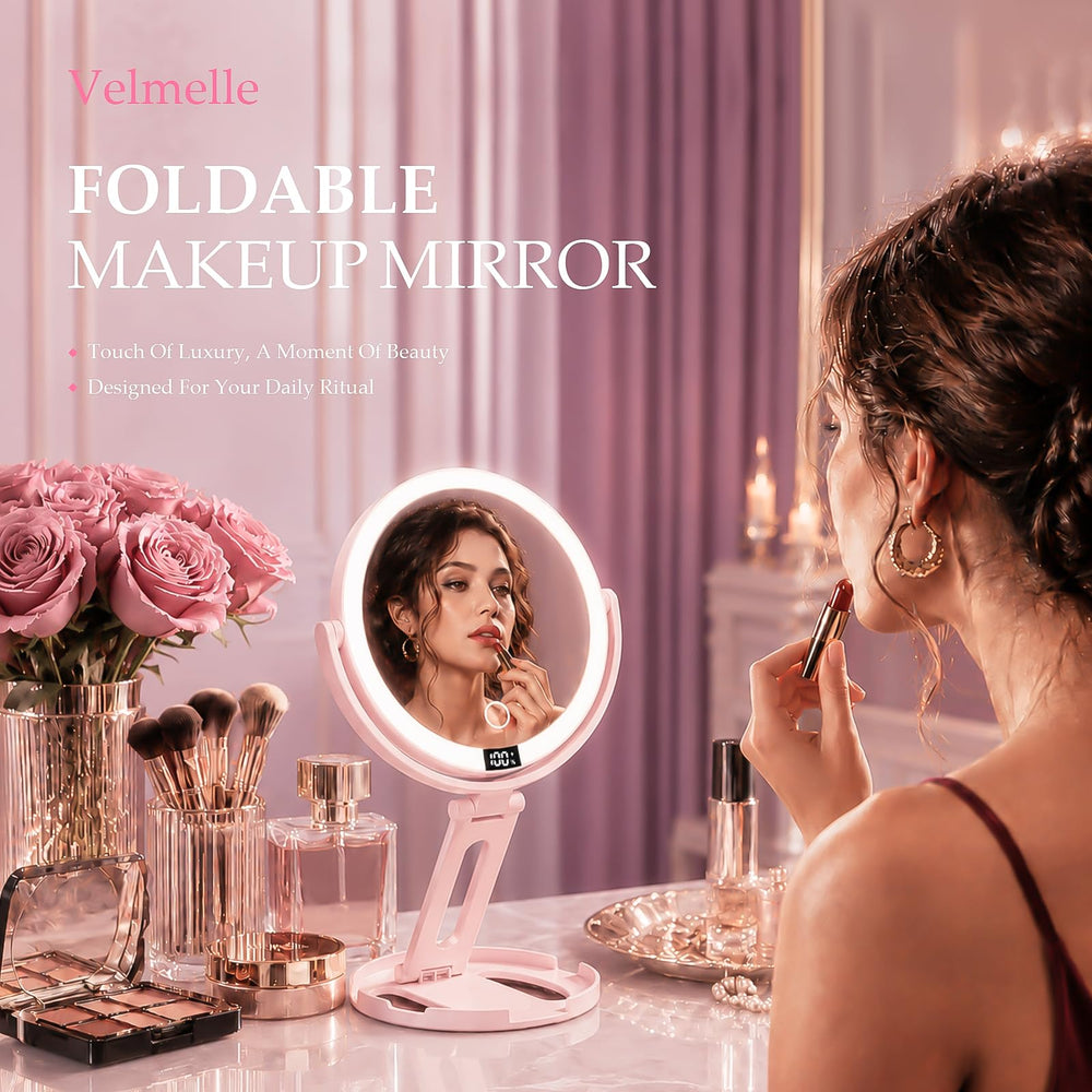 Velmelle front view open showing 1X full-face reflection and base stability