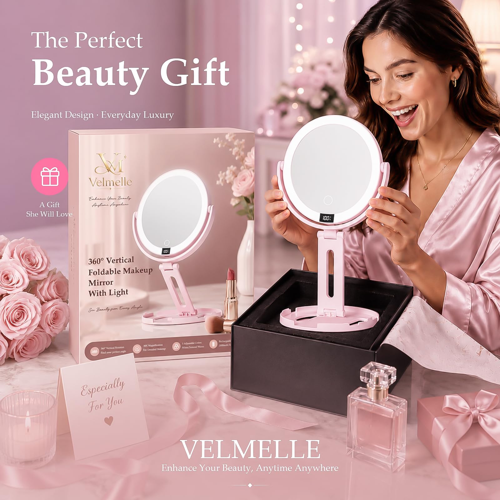 Velmelle on bathroom vanity styled for everyday makeup and grooming