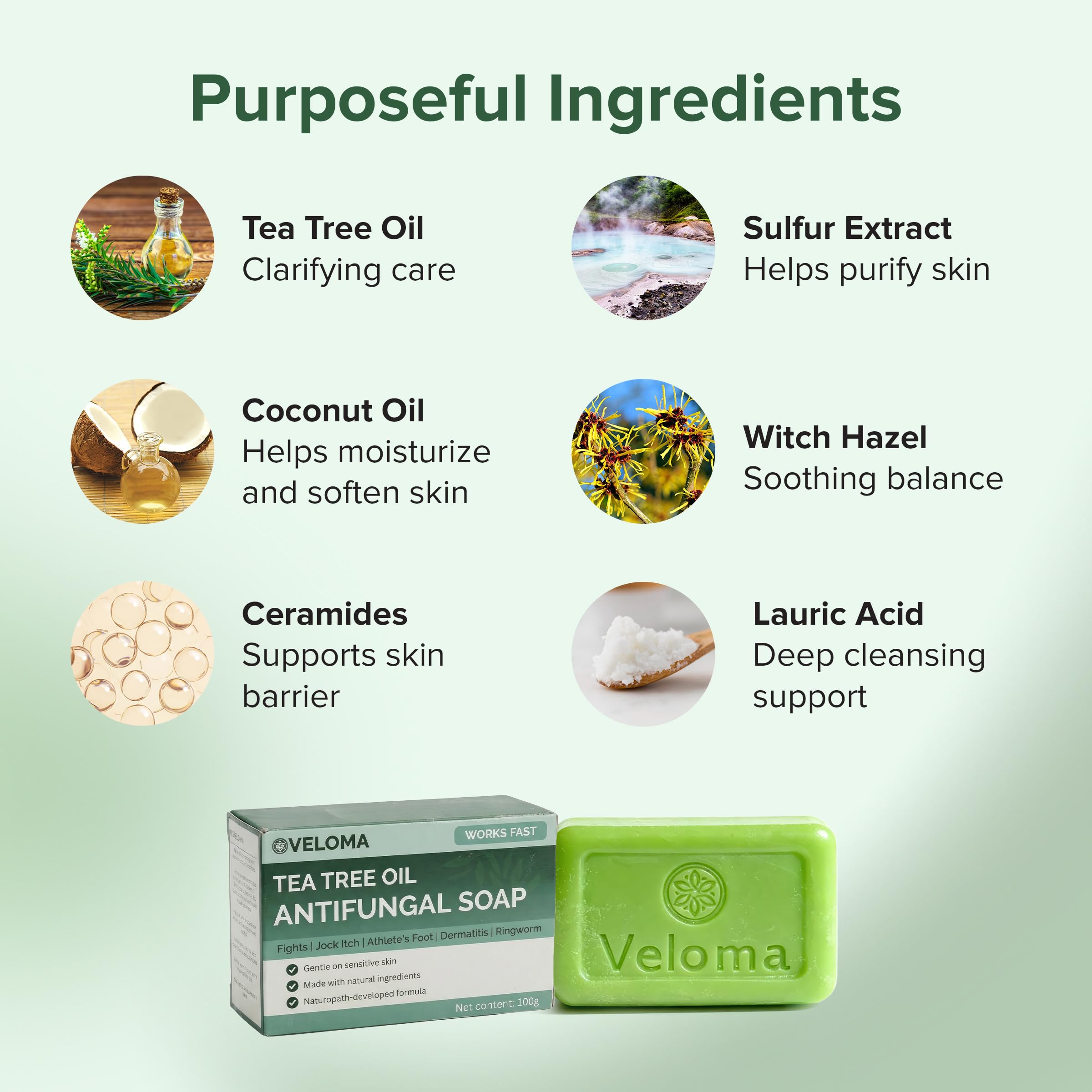 Veloma ingredient label close-up highlighting tea tree and ceramides