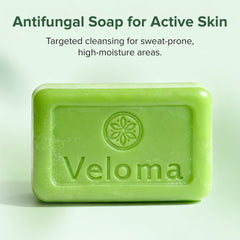 Veloma soap bar lather close-up demonstrating rich cleansing foam