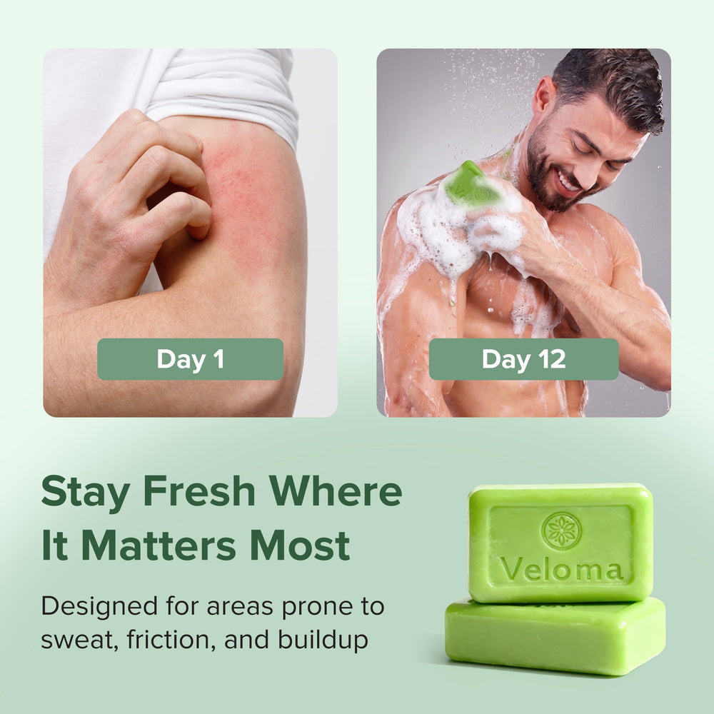 Veloma soap bar held in hand to show size and ease of use