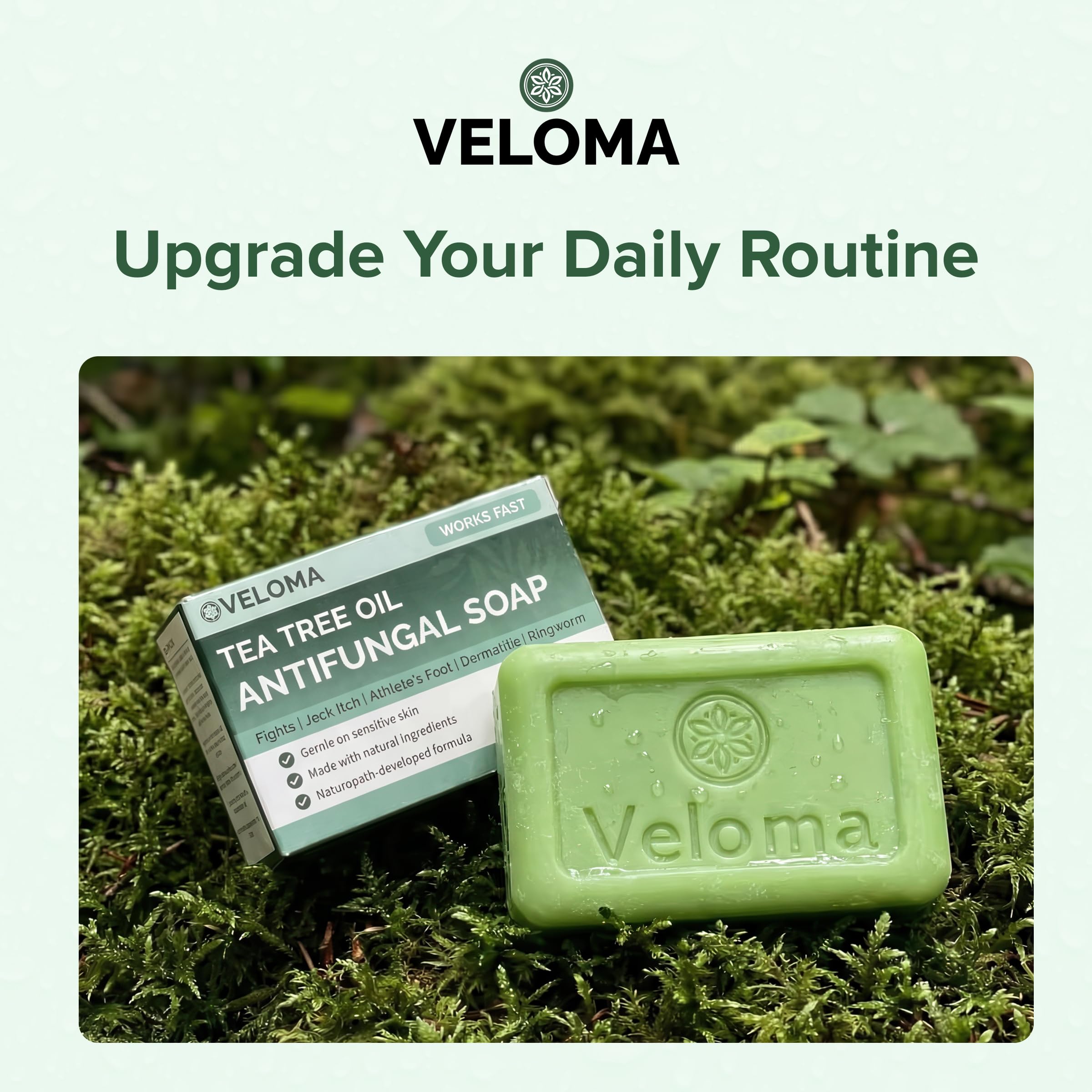 Veloma soap unwrapped and wrapped side-by-side illustrating packaging