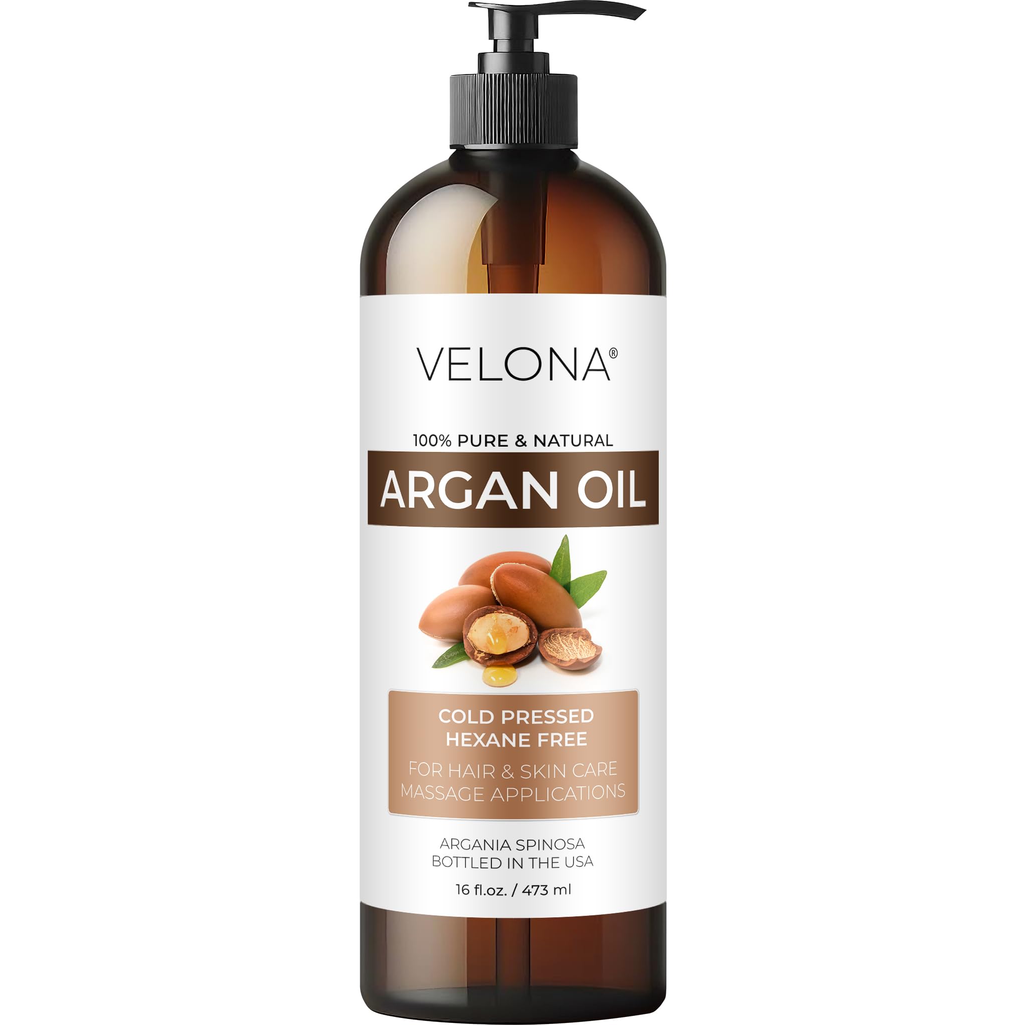 velona argan oil front bottle showing label and pump for convenient dispensing