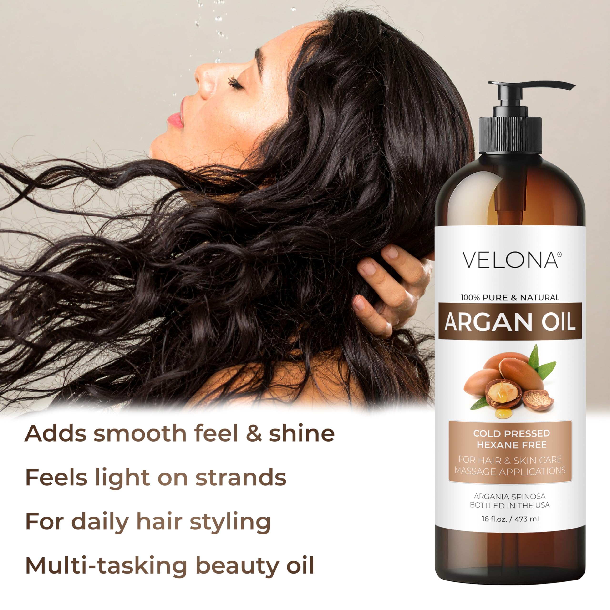 velona argan oil next to hand showing 16 fl oz scale and generous supply