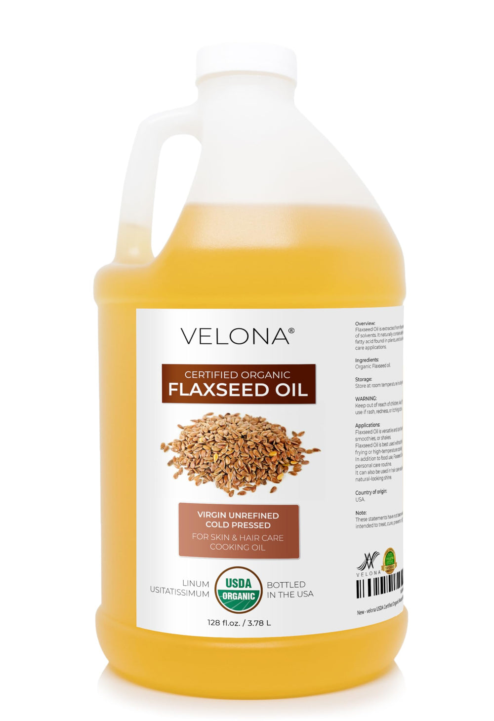 velona front view of gallon bottle showing label and organic certification benefit