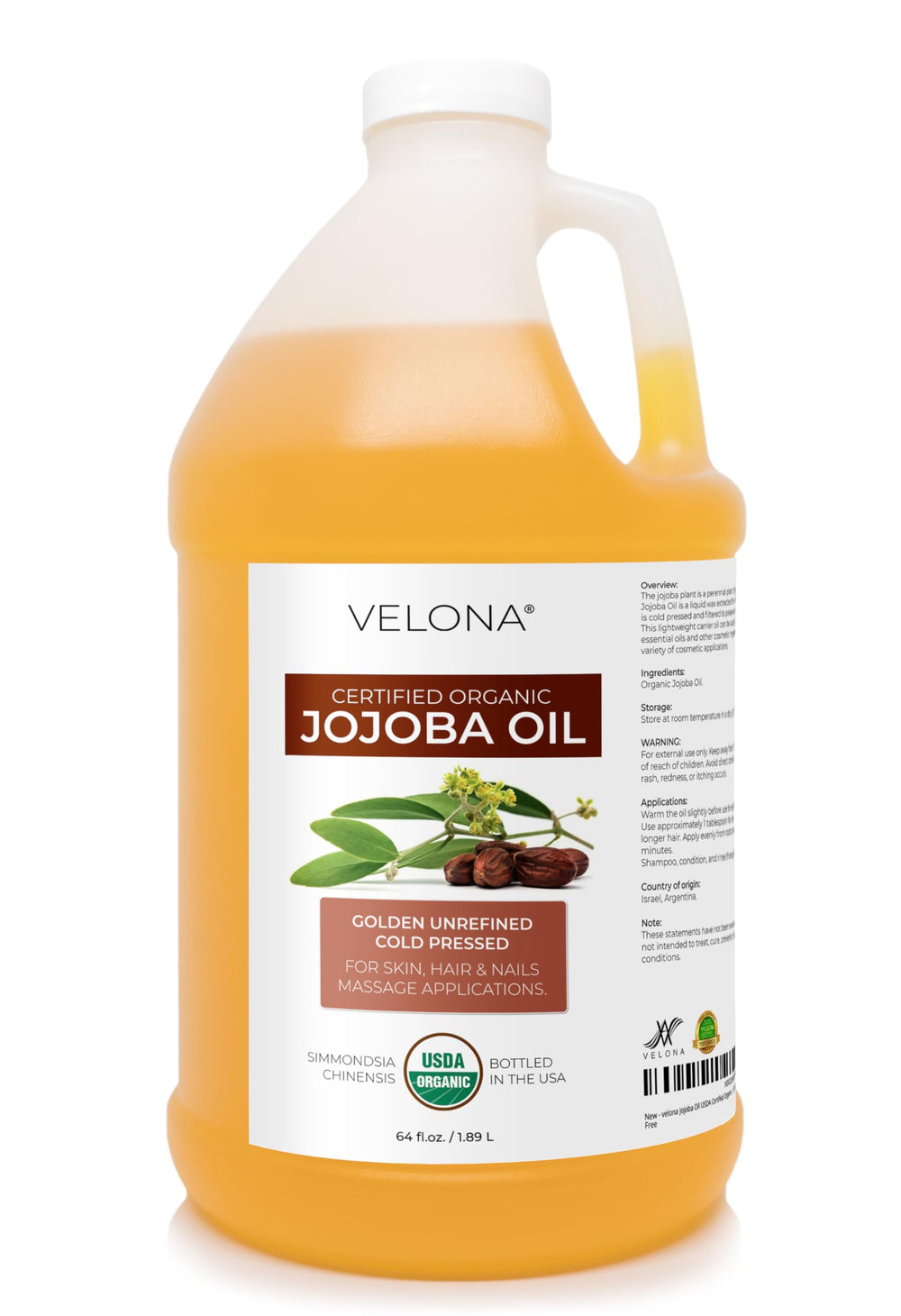 velona front label on 64 fl oz organic jojoba oil showing certifications and benefits