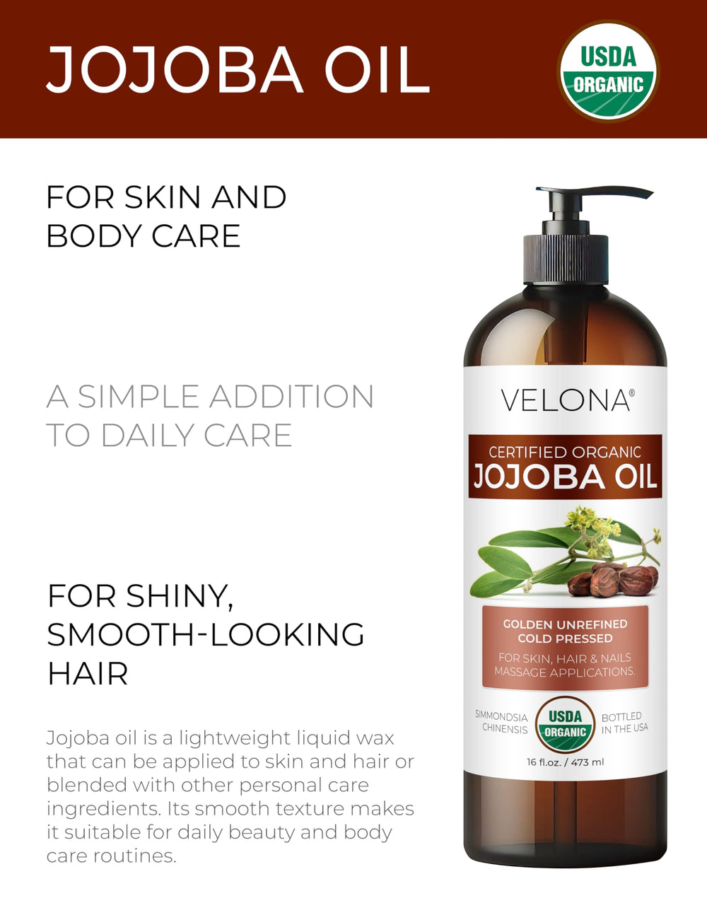 velona jojoba oil bottle held in hand showing scale and large 16-ounce supply