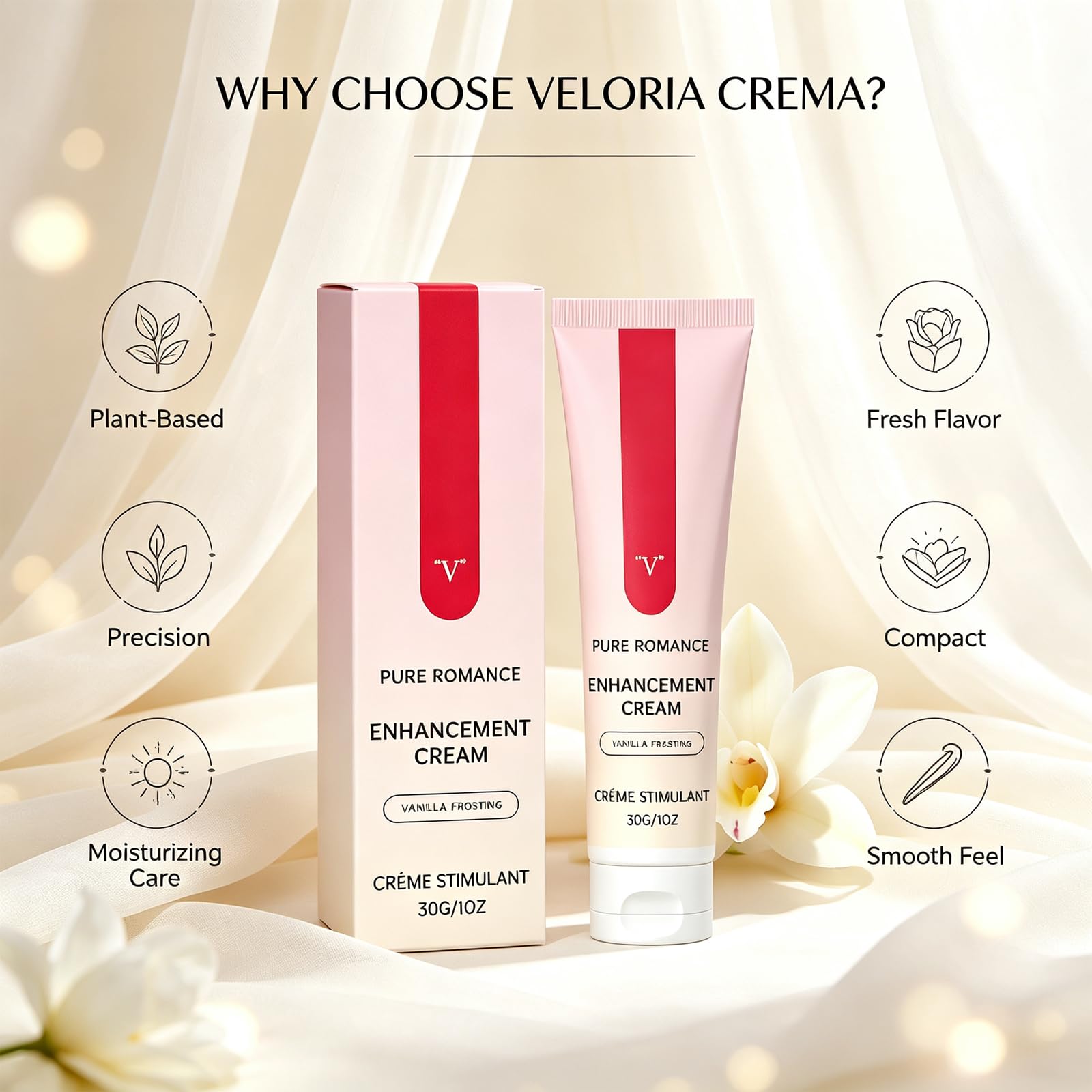 Veloria Crema close up texture with vanilla hint, highlights lightweight absorption