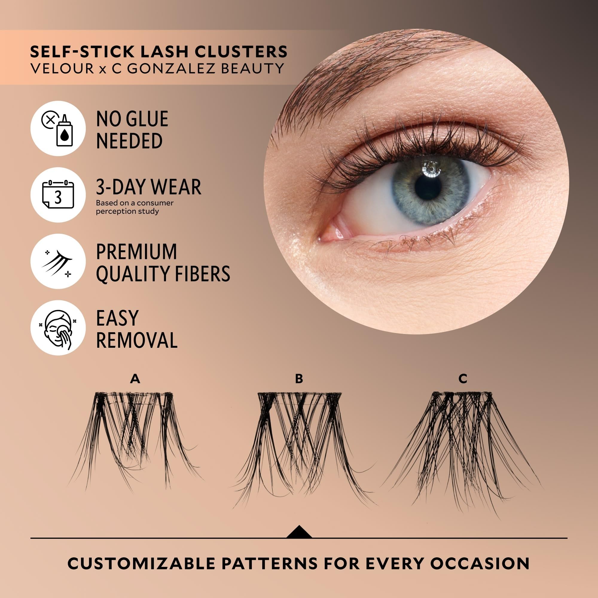 Velour close-up of cluster base highlighting pre-applied adhesive for easy wear