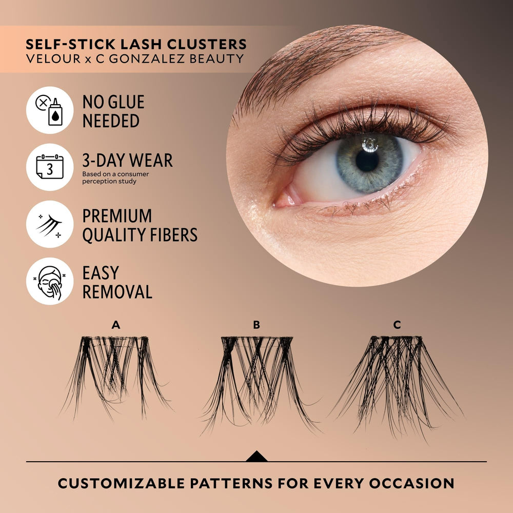 Velour close-up of cluster base highlighting pre-applied adhesive for easy wear