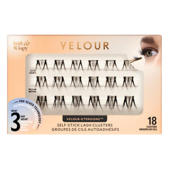 VELOUR front packaging showing 18 self-stick lash clusters and benefits