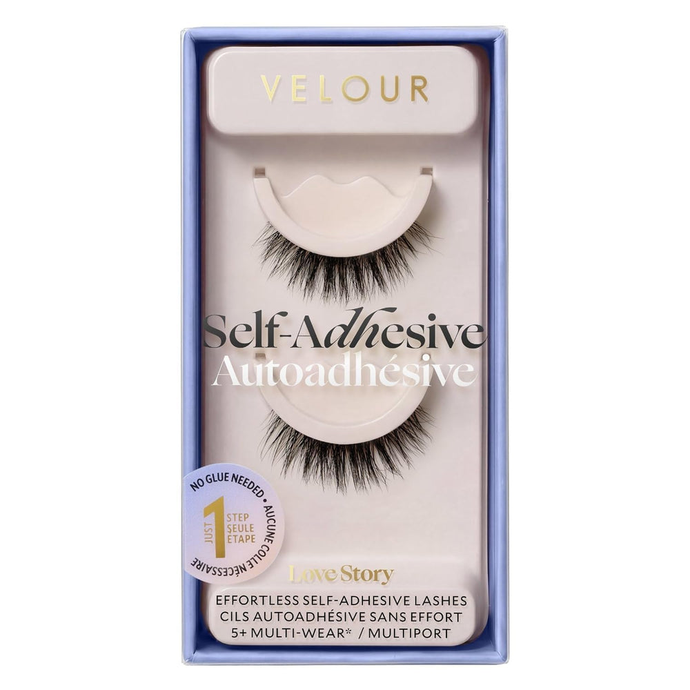 Velour Love Story front packaging showing ready-to-wear lashes and quick use benefit