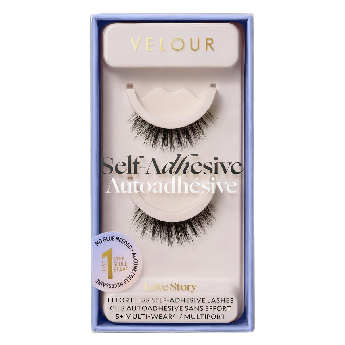 Velour Love Story front packaging showing ready-to-wear lashes and quick use benefit