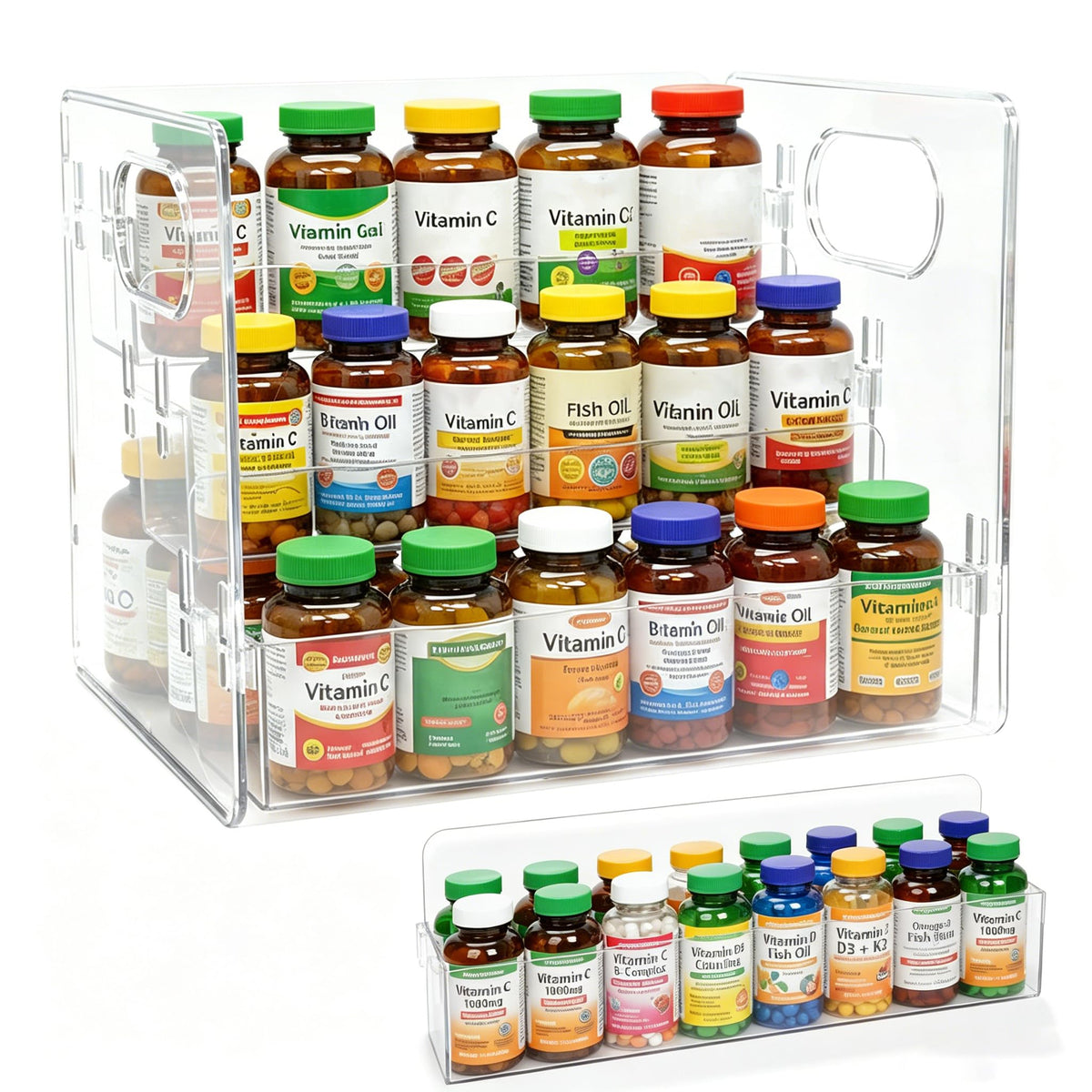 VeloZap front view of clear 3-tier organizer showing visibility benefit