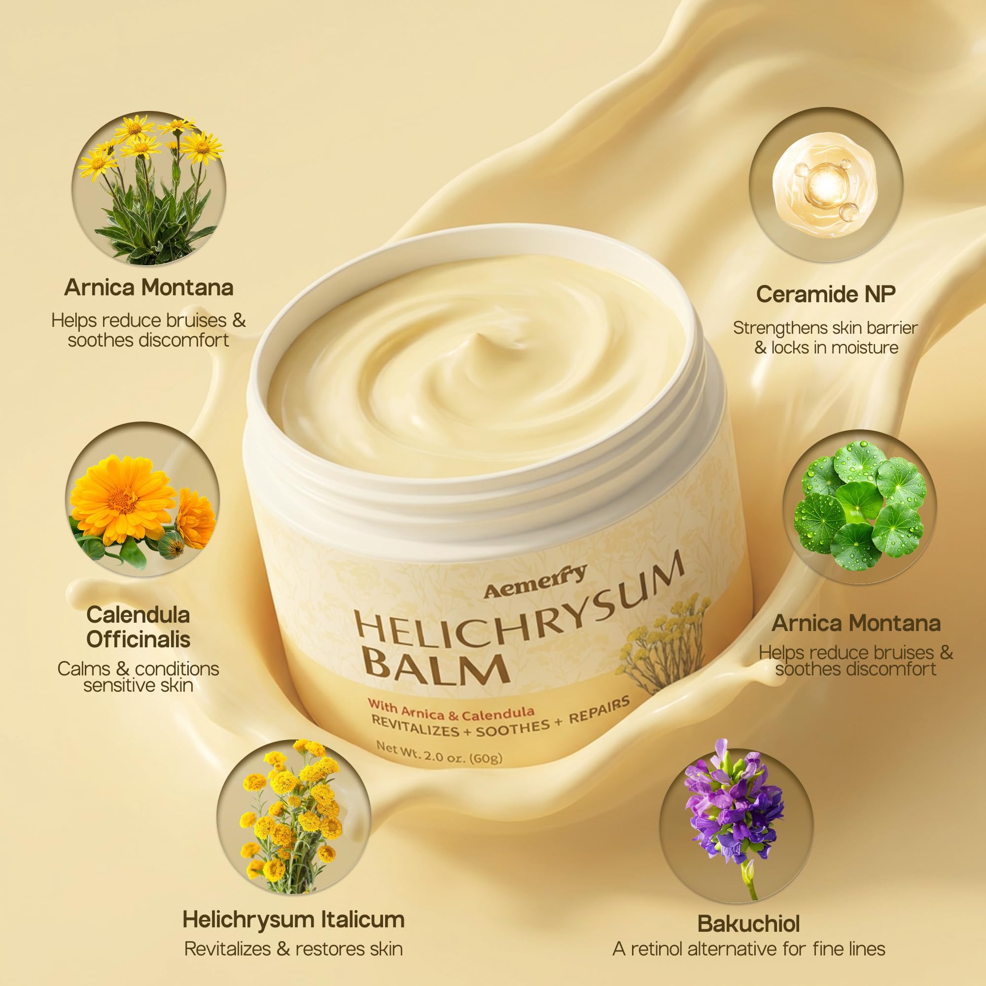Velvet Aura label ingredient list close-up highlighting Helichrysum, Arnica, Calendula and skin-supporting actives
