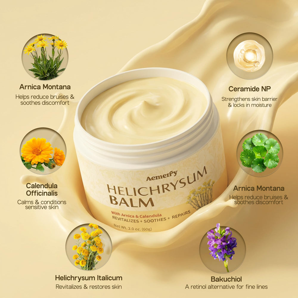 Velvet Aura label ingredient list close-up highlighting Helichrysum, Arnica, Calendula and skin-supporting actives