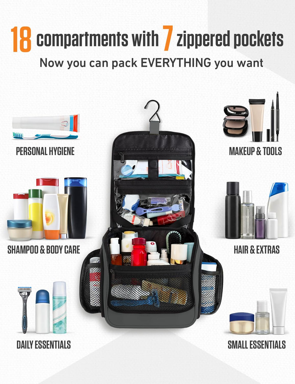 VENTURE 4TH interior with 18 compartments keeps toiletries neatly separated