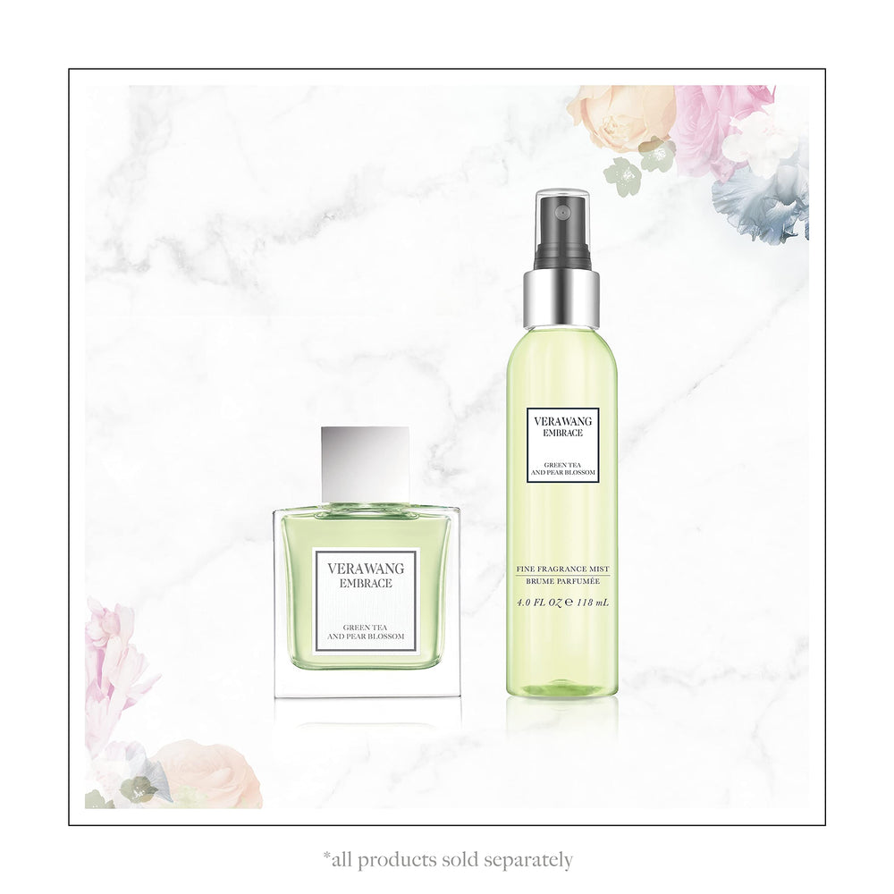 Vera Wang floral ingredients flatlay with pear blossom and green tea for fresh scent cues