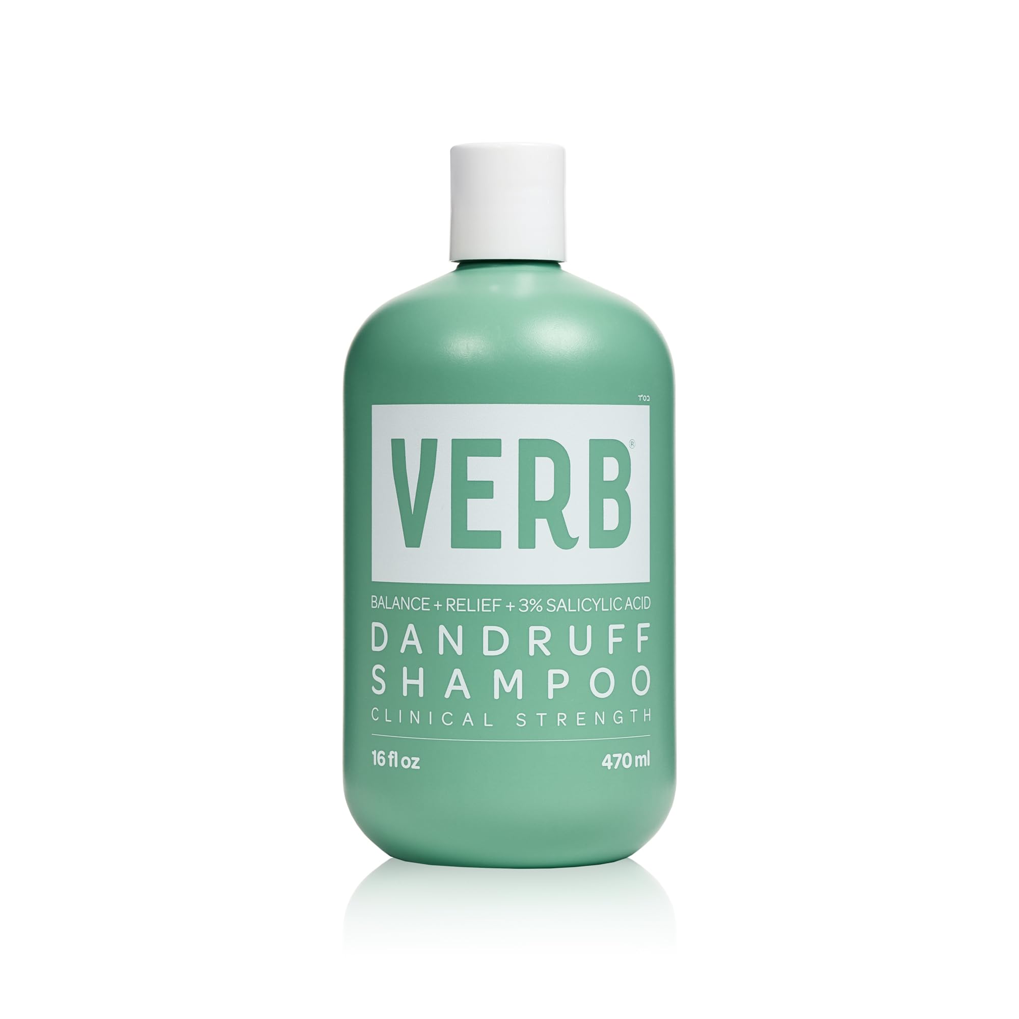 VERB front packaging of 16 oz dandruff shampoo showing bottle and branding benefits