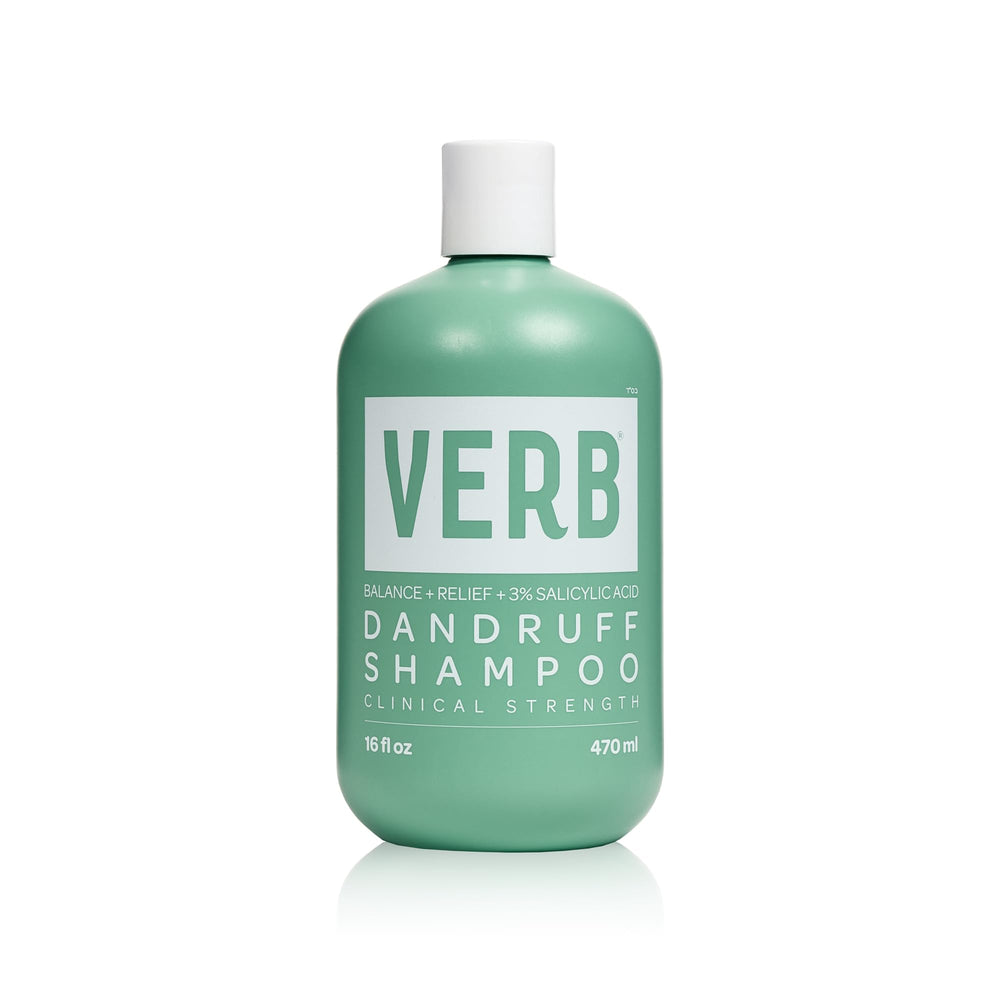 VERB front packaging of 16 oz dandruff shampoo showing bottle and branding benefits