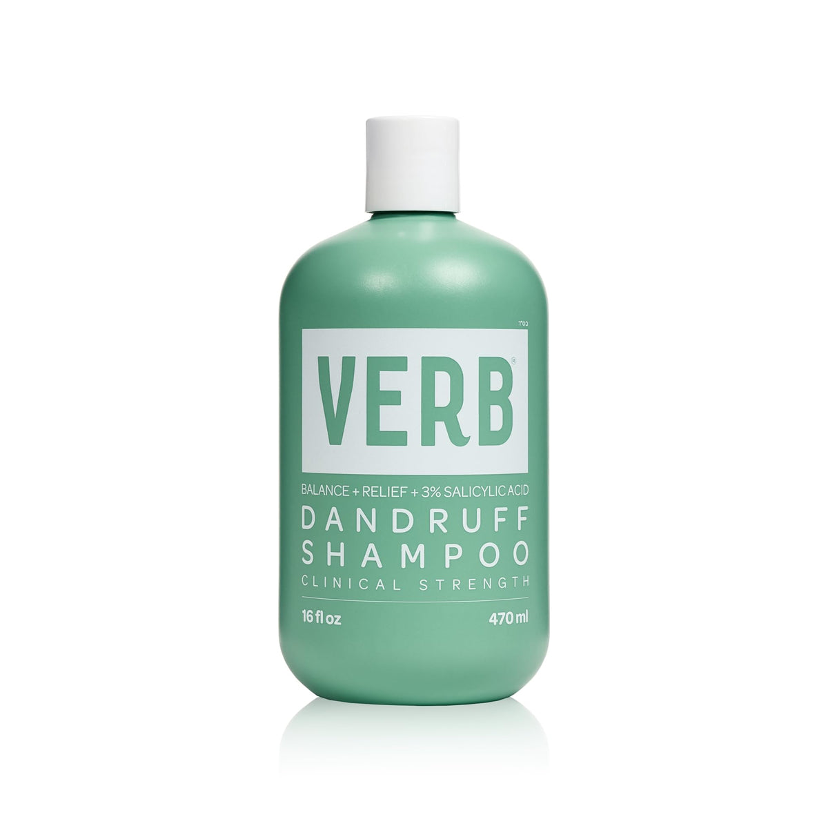 VERB front packaging of 16 oz dandruff shampoo showing bottle and branding benefits