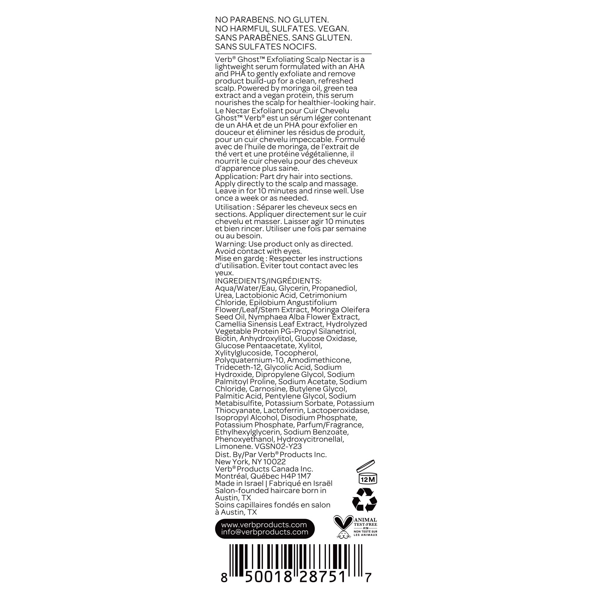 VERB Ghost ingredients label closeup featuring moringa oil and green tea benefits