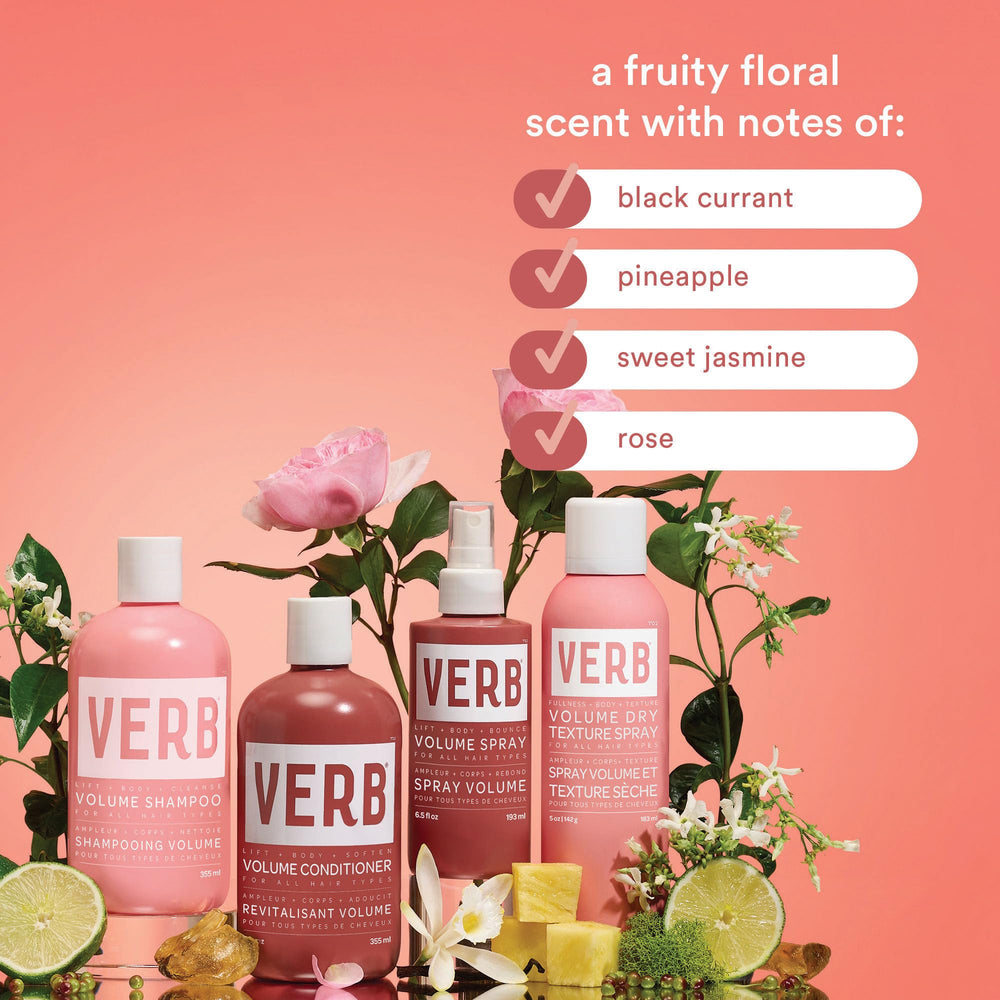 VERB volume shampoo label closeup showing formula claims and ingredient benefits