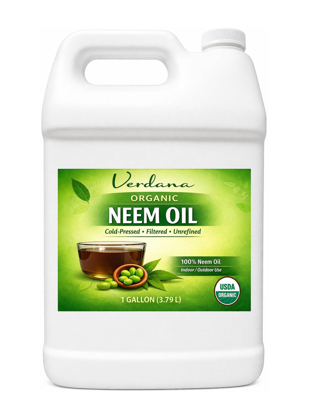 Verdana one-gallon jug front label showing organic neem oil benefit
