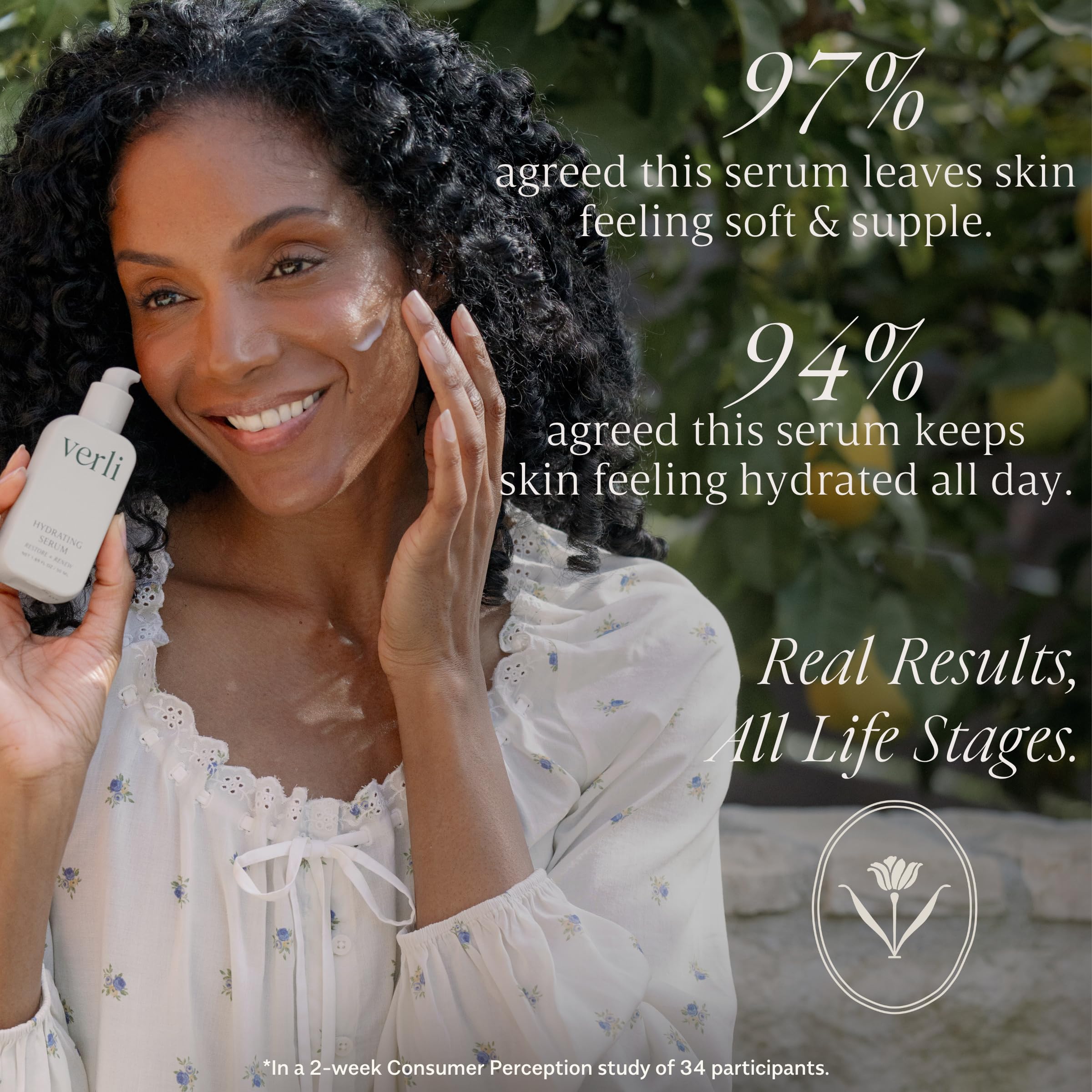Verli serum texture on skin close-up, shows lightweight milky consistency benefit