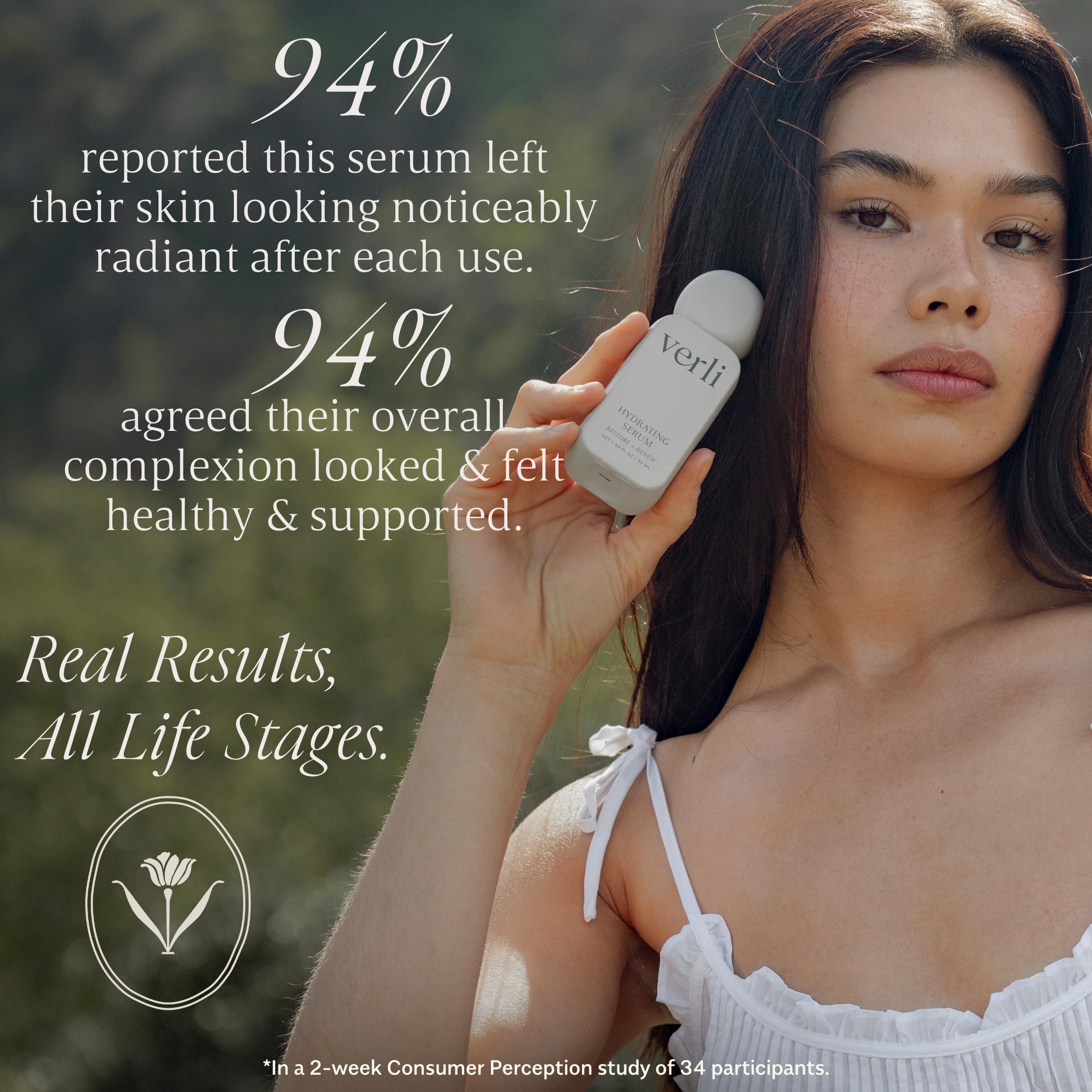 Verli pump dispensing serum onto hand, demonstrates easy application and absorbency