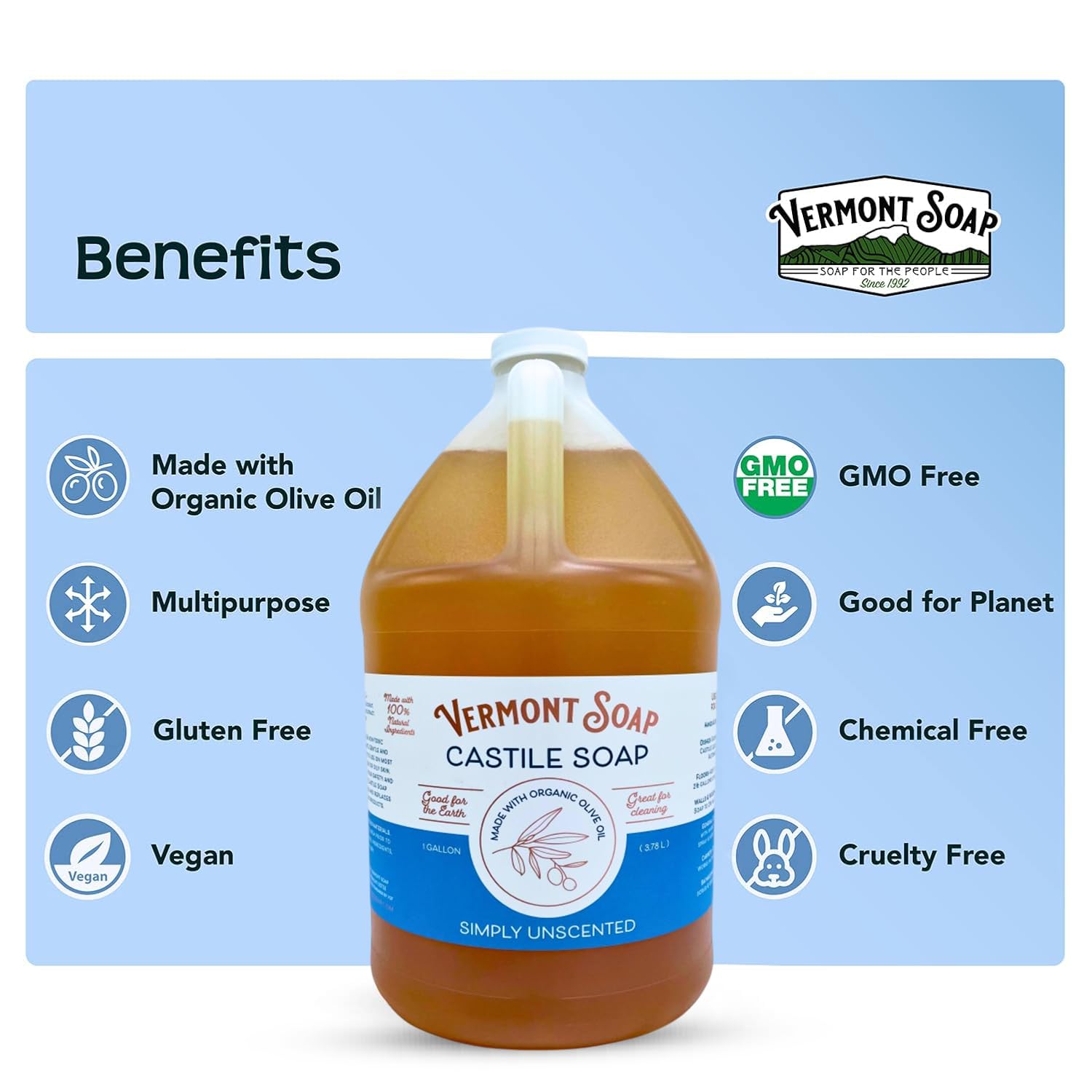 VERMONT SOAP gallon next to common items showing size and refill value