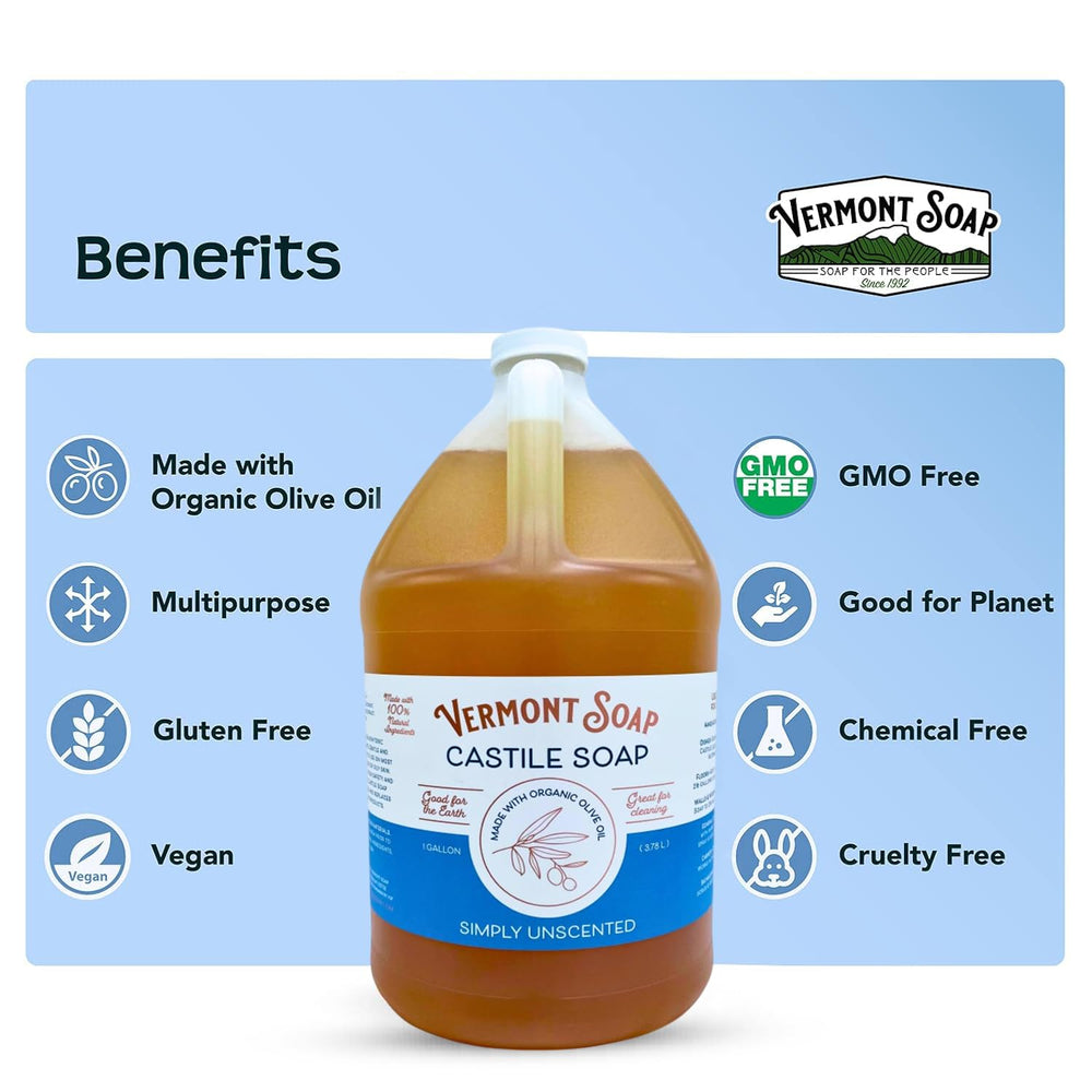 VERMONT SOAP gallon next to common items showing size and refill value