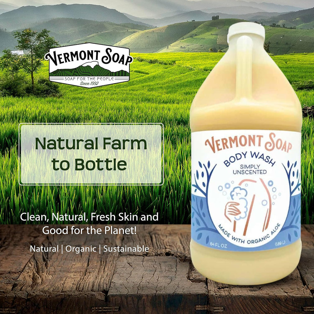VERMONT SOAP 64 oz bottle beside a towel to show large capacity