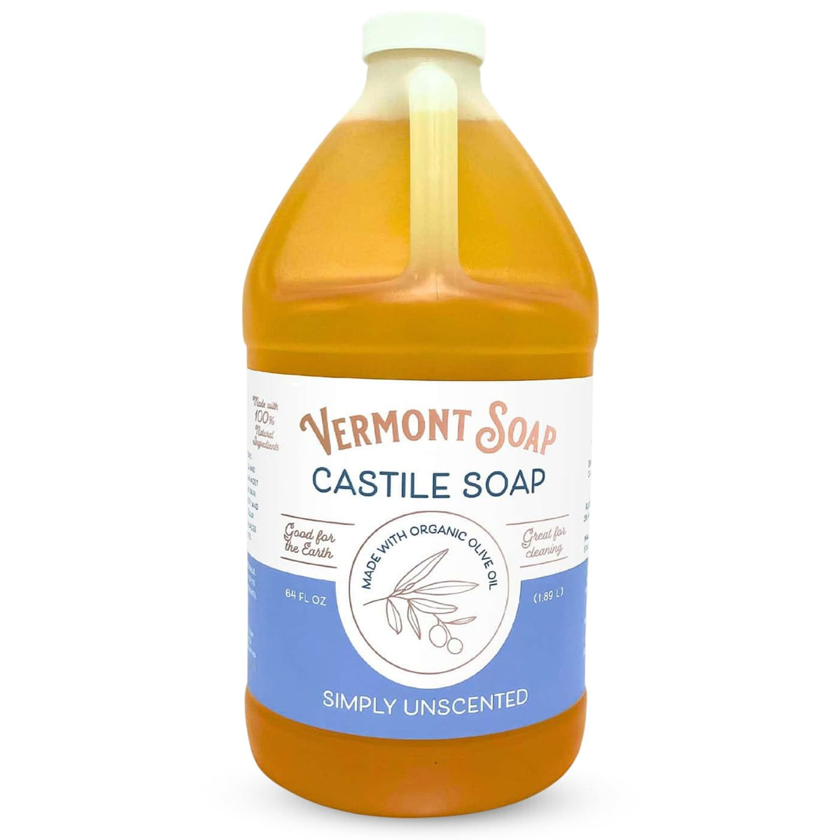 Vermont Soap front bottle 64 oz showing label and eco benefits
