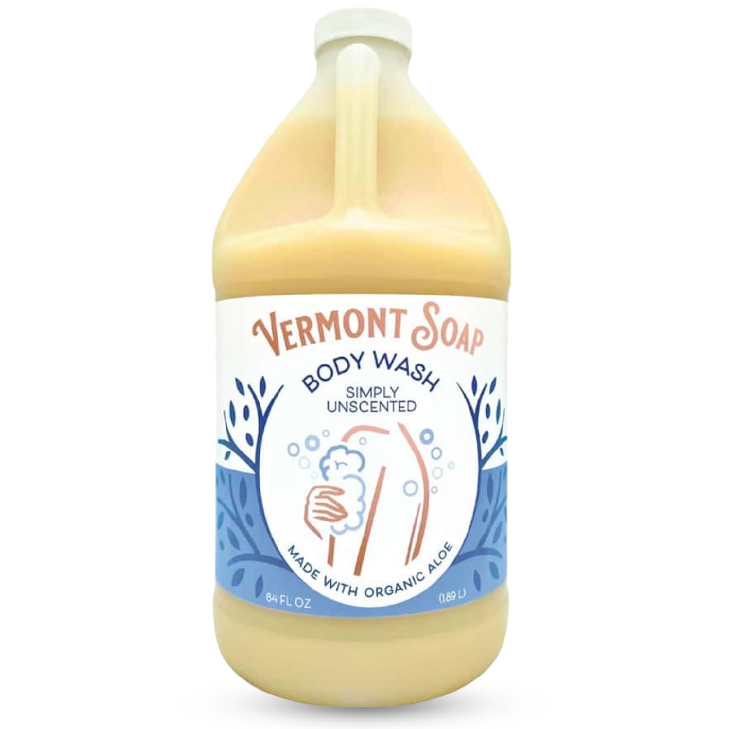 VERMONT SOAP front label on 64 oz bottle showing organic unscented benefit