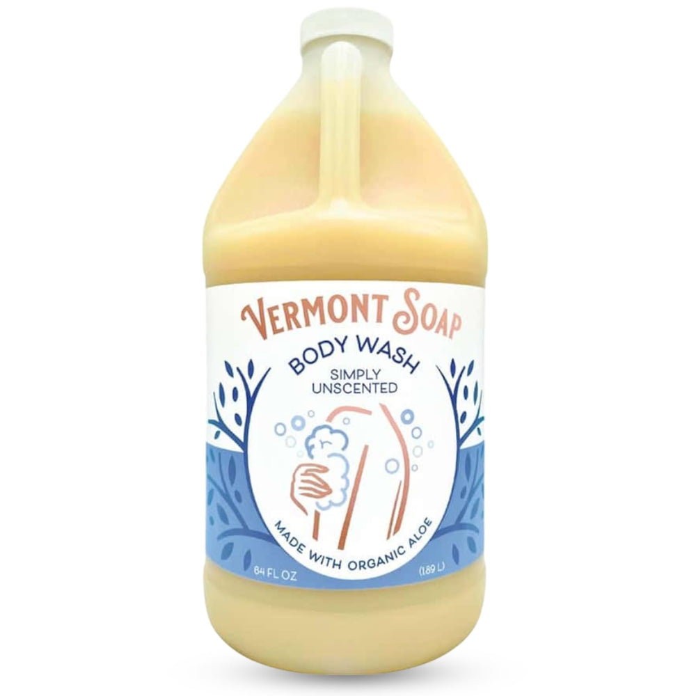VERMONT SOAP front label on 64 oz bottle showing organic unscented benefit