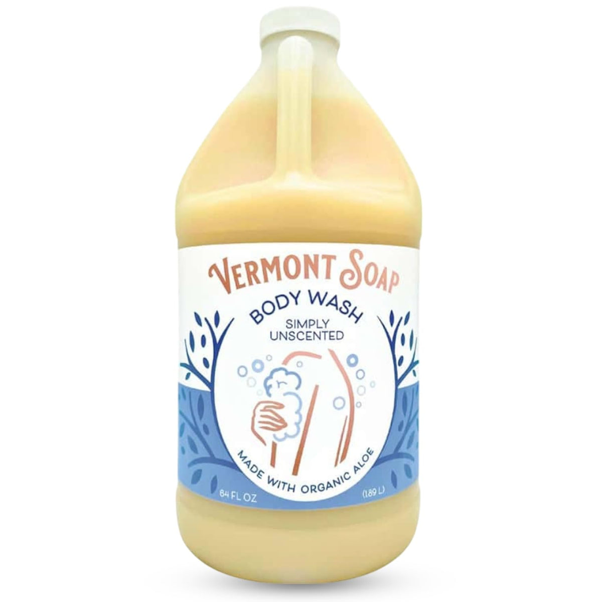 VERMONT SOAP front label on 64 oz bottle showing organic unscented benefit