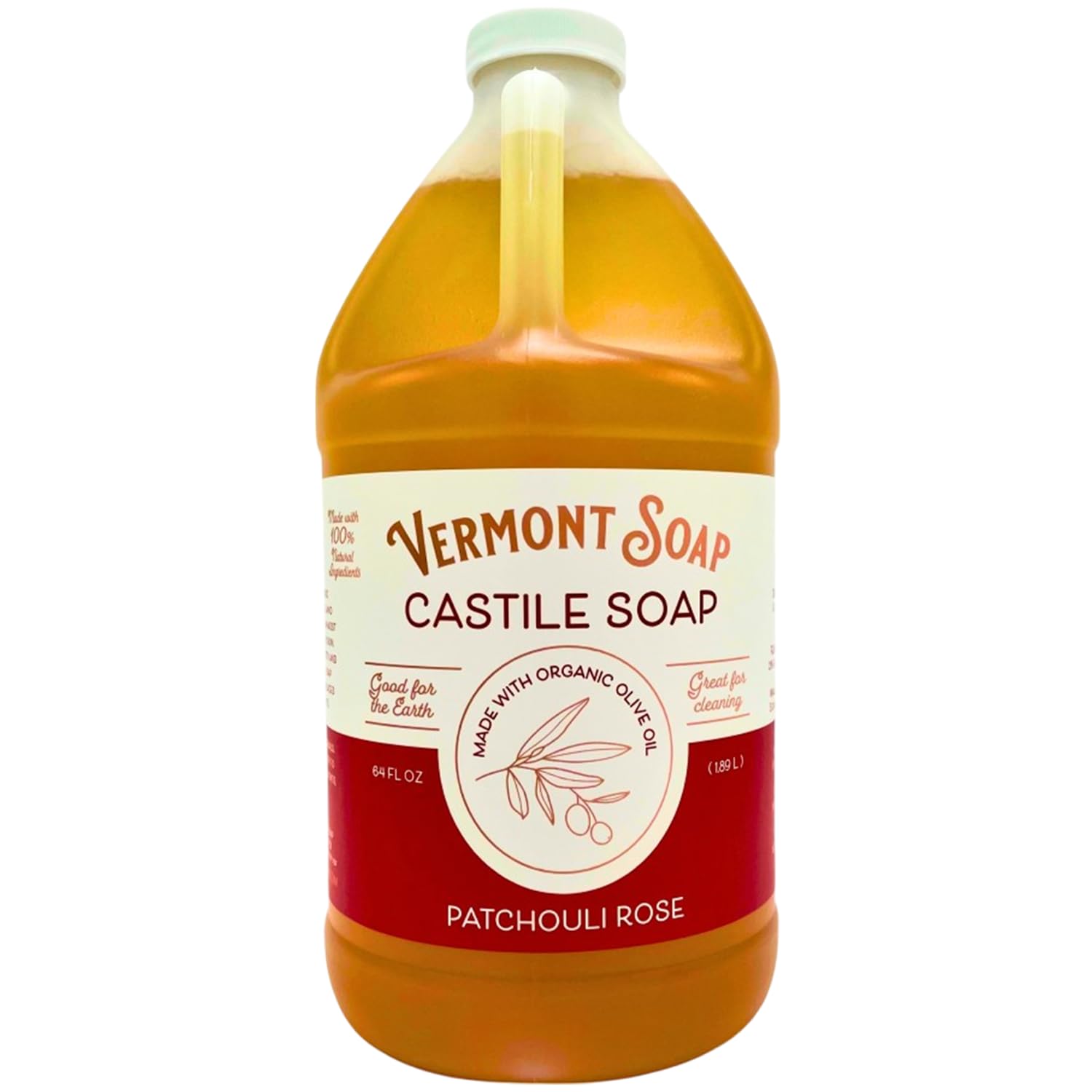 Vermont Soap bottle front view shows 64oz organic patchouli rose and multipurpose benefit