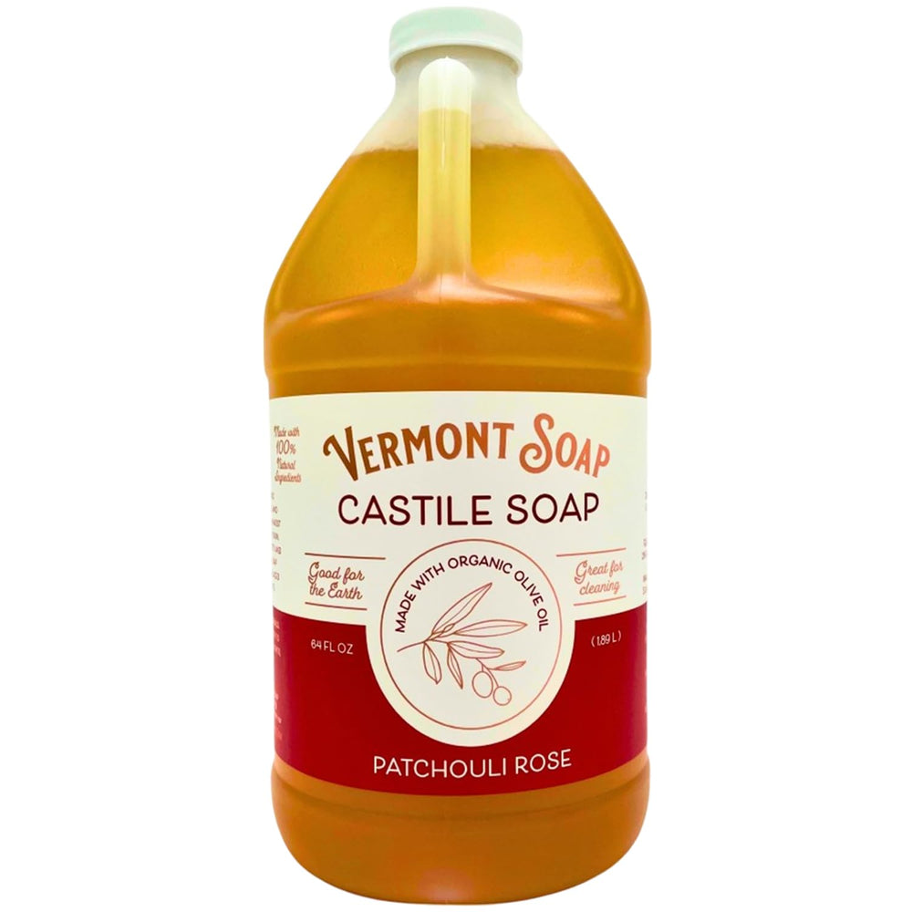 Vermont Soap bottle front view shows 64oz organic patchouli rose and multipurpose benefit