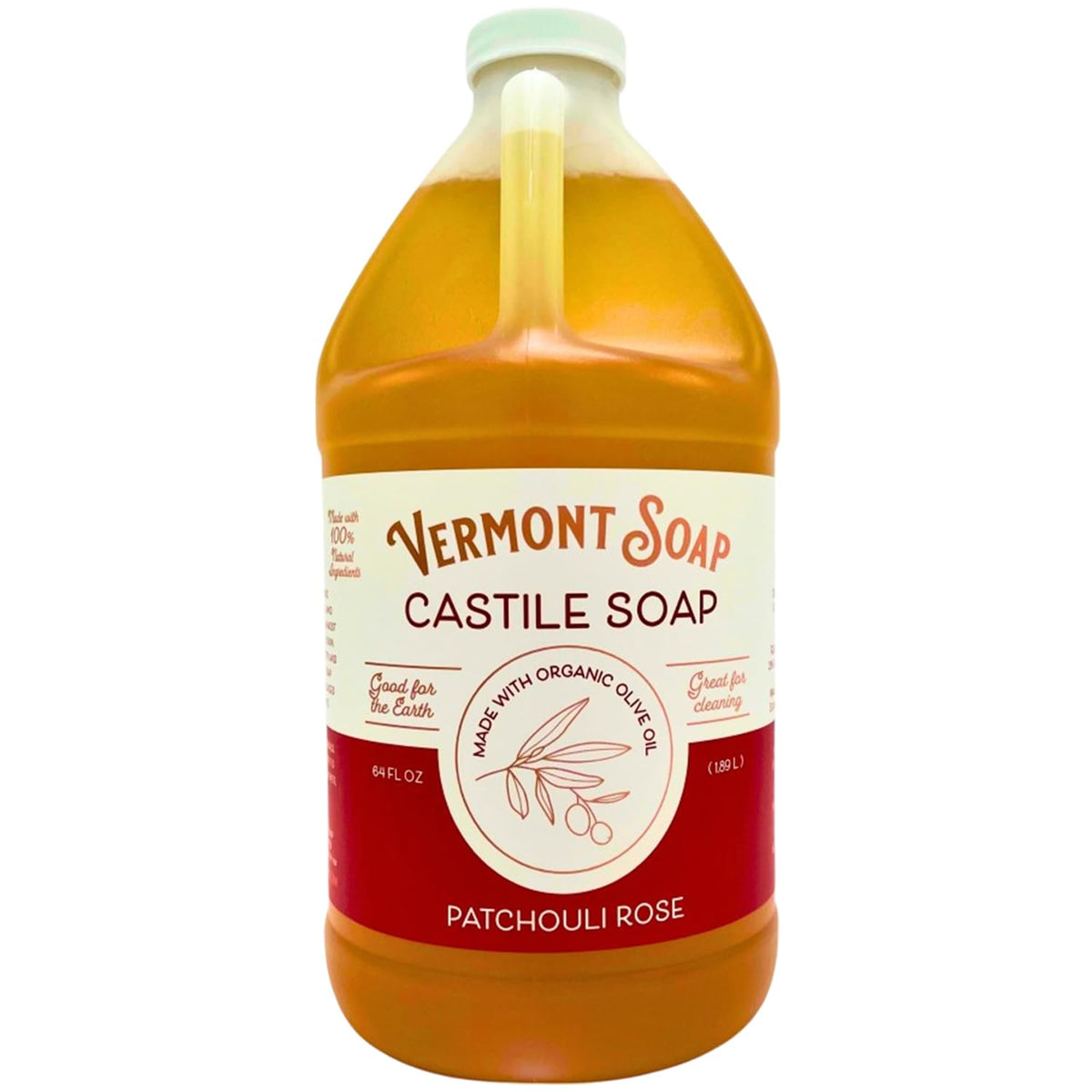 Vermont Soap bottle front view shows 64oz organic patchouli rose and multipurpose benefit