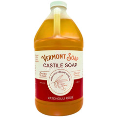 Vermont Soap bottle front view shows 64oz organic patchouli rose and multipurpose benefit