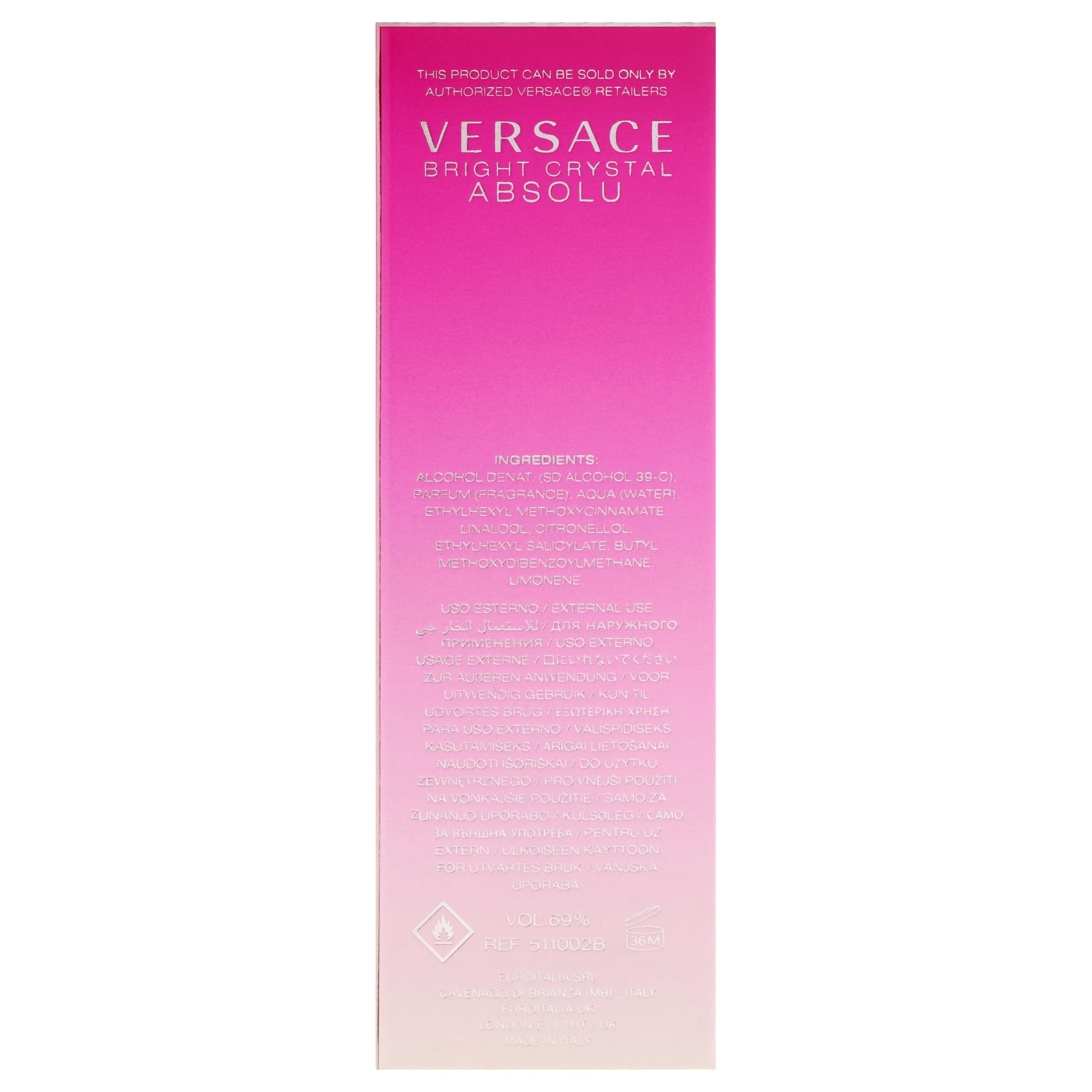 Versace Bright Crystal Absolu beside a hand shows true 10 mL scale for packing decisions.